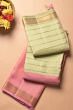 Kanchipuram Silk Half And Half Checks And Horizontal Lines Pastel Green And Pink Saree