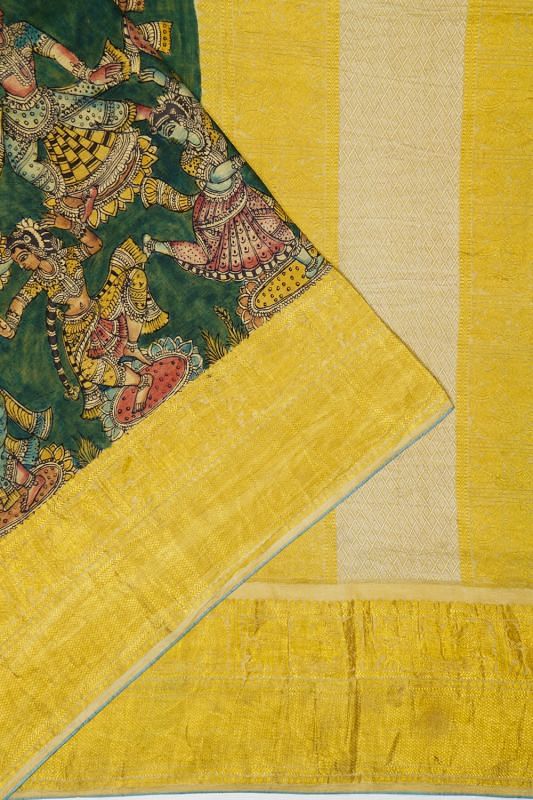 Kanchipuram Silk Handpainted Bharatanatyam Kalamkari Green Saree