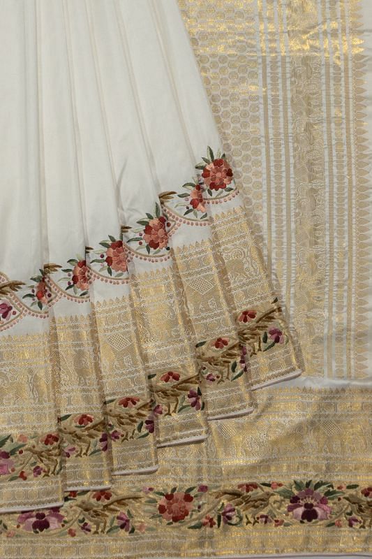 Parsi Gara x Kanchipuram Silk Plain White Saree