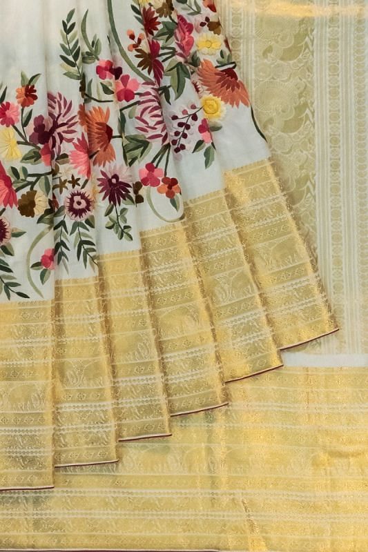 Parsi Gara x Kanchipuram Silk Plain White Saree