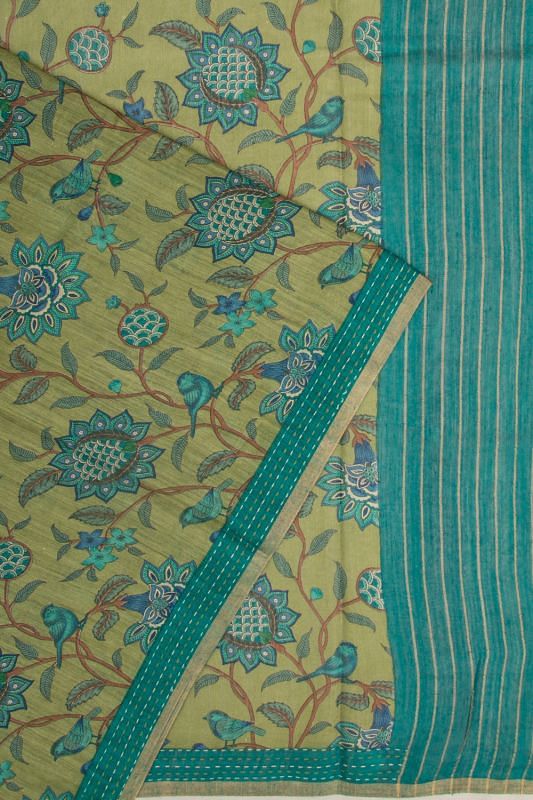 Chanderi Cotton Floral Printed Green Saree