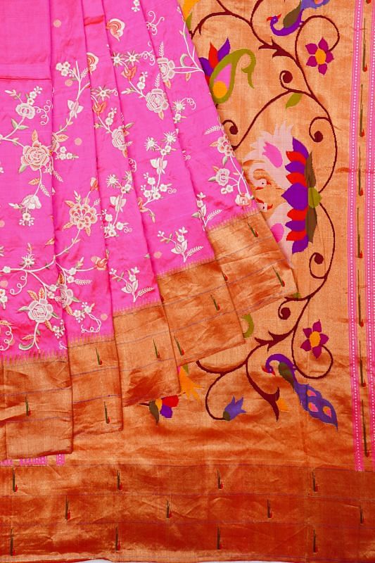 Parsi Gara Paithani Silk All Over Embroidery Jaal Pink Saree