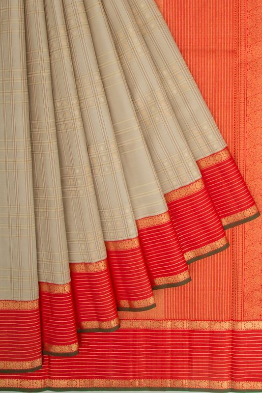 Kanchipuram Silk Checks And Butta Khaki Brown Saree