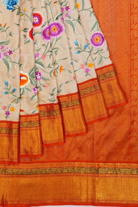 Parsi Gara On Kanchipuram Silk All Over Embroidery Jaal Cream Saree