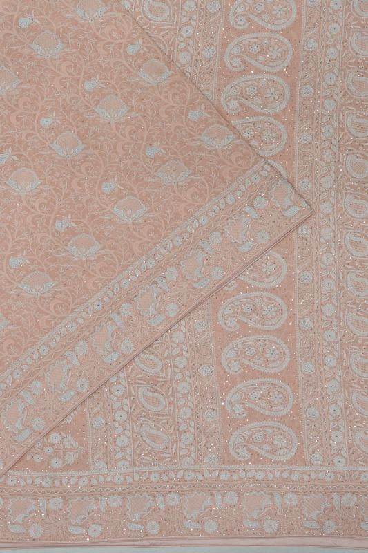 Lucknow Chikankari Georgette Embroidery Peach Saree