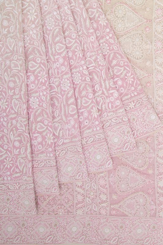 Lucknow Chikankari Georgette Shading Pink Saree