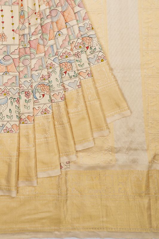 Kanchipuram Silk Madhubani Printed Off White Saree