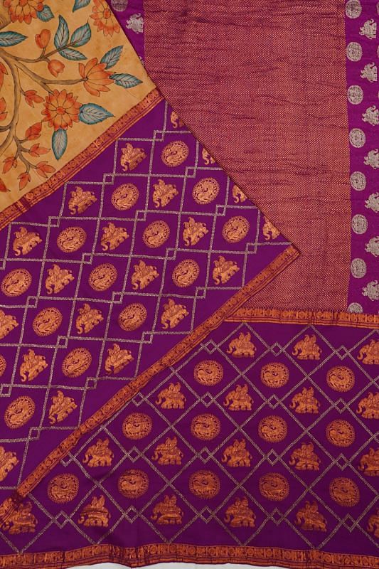 Kanchipuram Silk Kalamkari Hand Painted Cream Saree