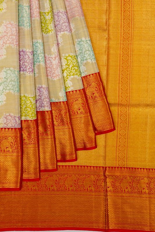 Kanchipuram Silk Tissue Leheriya Jaal Gold Saree