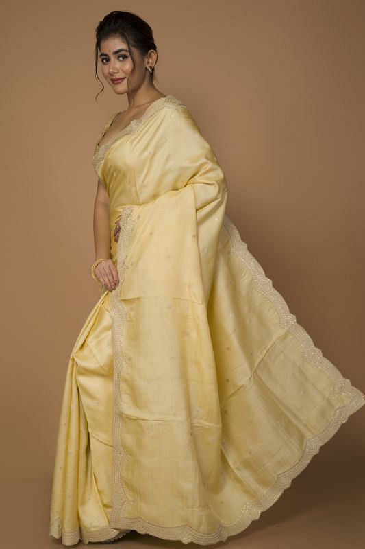 Tussar Butta Pastel Yellow Saree With Scallop Border