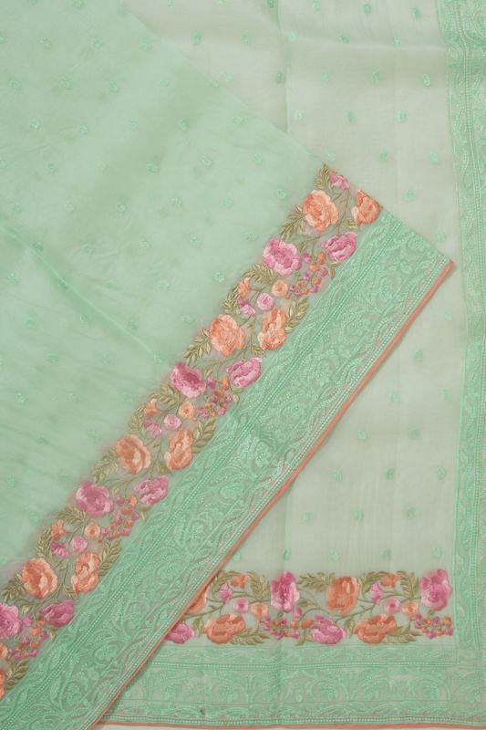 Organza Floral Embroidery Butta Sea Green Saree