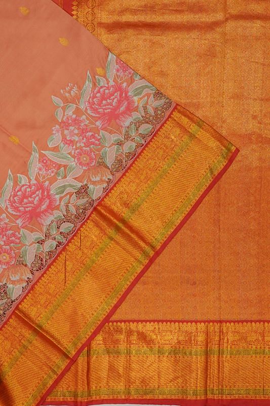 Kanchipuram Silk Butta Peach Saree With Embroidery And Cut Work