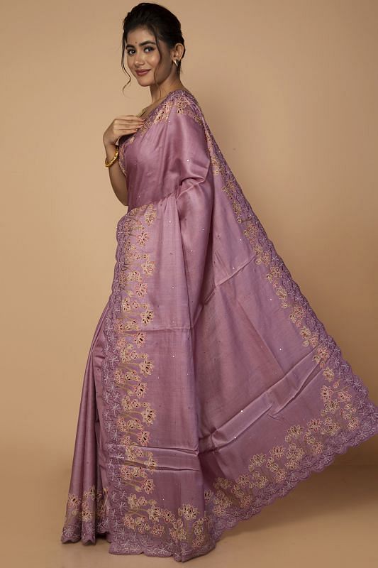 Tussar Plain Lavender Saree With Scallop Embroidery Border