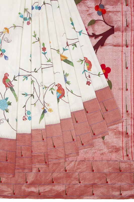 Petite Point Embroidery Paithani Silk White Saree With Triple Muniya Border