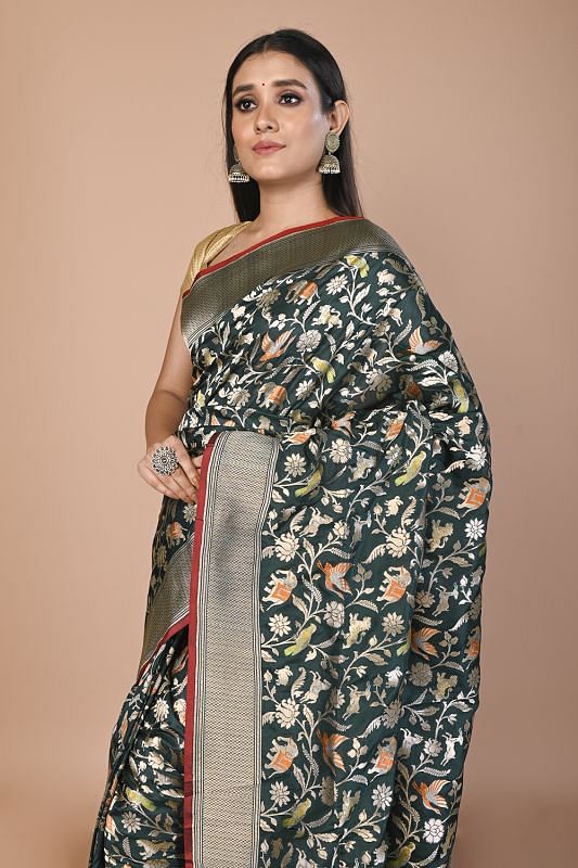 Banarasi Silk Shikargah Jaal Bottle Green Saree