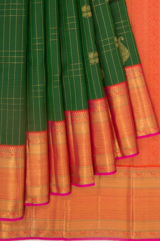 Kanchipuram Silk Checks And Butta Dark Green Saree