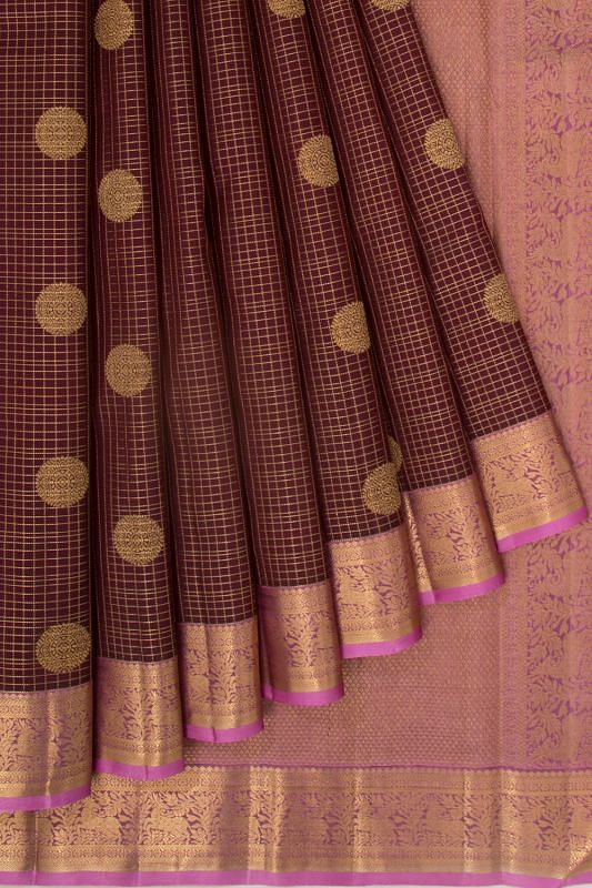 Kanchipuram Silk Checks And Butta Brown Saree