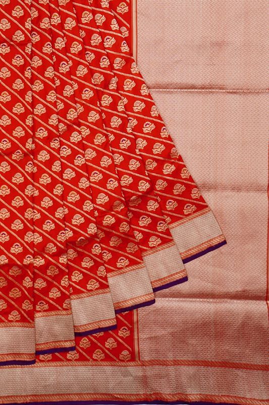 Banarasi Silk Diagonal Lines And Butta Red Saree