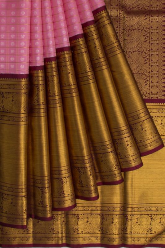 Kanchipuram Silk Checks And Butta Pink Saree