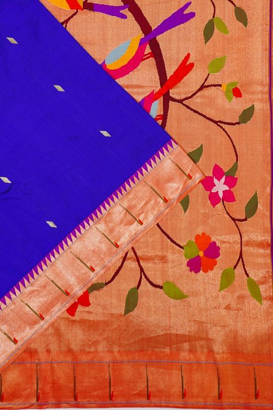 Paithani Silk Butta Royal Blue Saree With Single Muniya Border