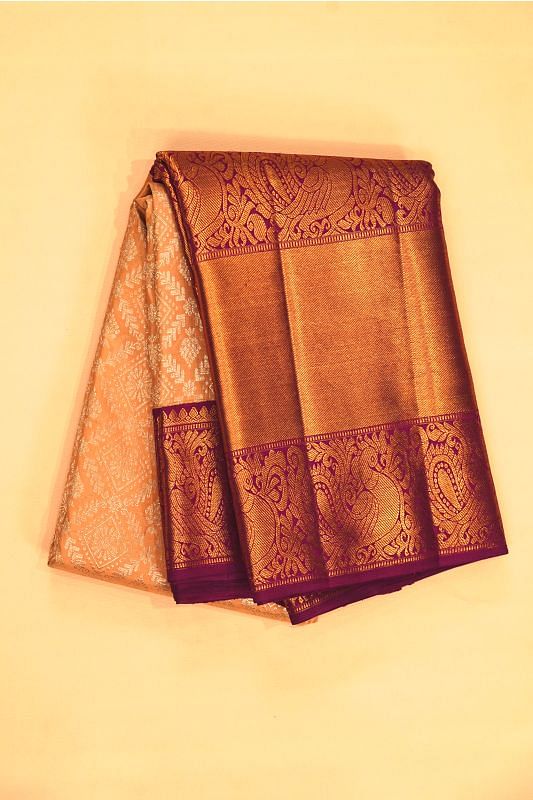 Kanchipuram Silk Jaal And Butta Pastel Orange Saree