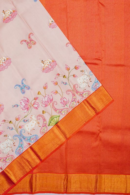 Kanchipuram Silk Pichwai Printed Baby Pink Saree