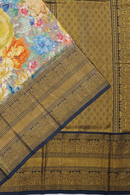 Kanchipuram Silk Floral Printed Grey Saree