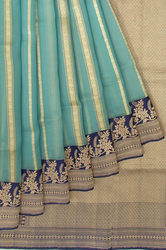 Banarasi Kora Organza Vertical Lines Blue Saree