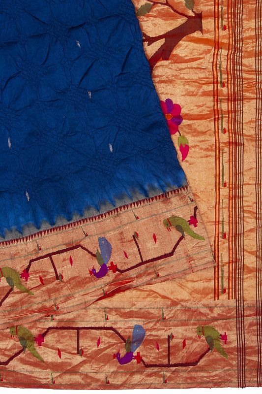 Paithani Silk Bandhani Butta Royal Blue Saree With Akuthi Border