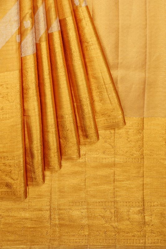 Kanchipuram Silk Tissue Diagonal Lines And Butta Gold Saree