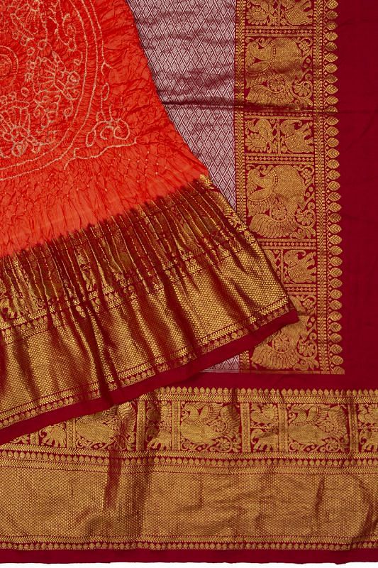 Kanchipuram Silk Bandhani Orange Saree