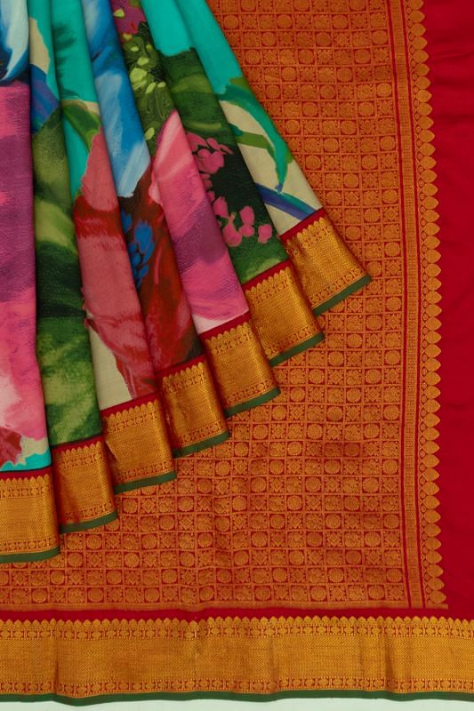 Kanchipuram Silk Floral Printed Green Saree