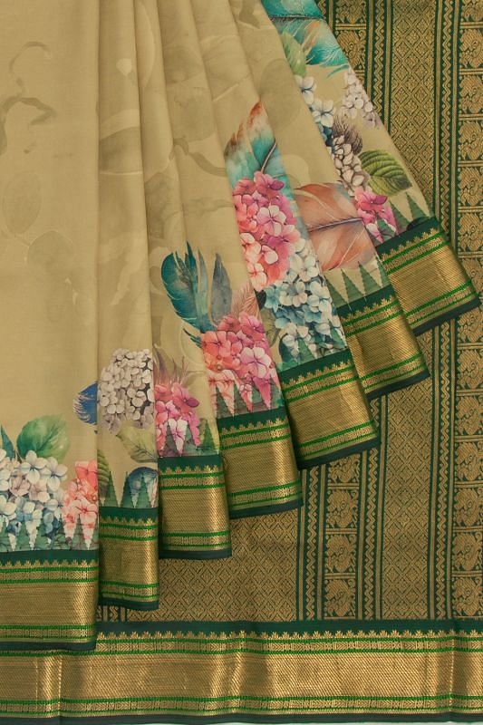 Kanchipuram Silk Floral Printed Cream Saree