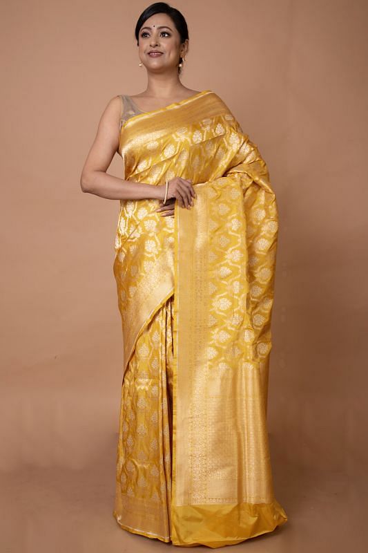 Banarasi Silk Floral Brocade Yellow Saree