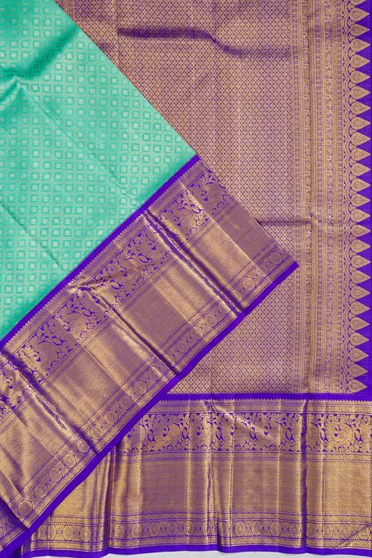 Kanchipuram Silk Criss Cross Checks And Butta Sea Green Saree