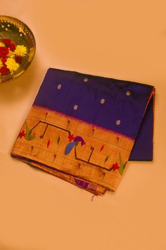 Paithani Silk Butta Royal Blue Saree With Akruthi Border