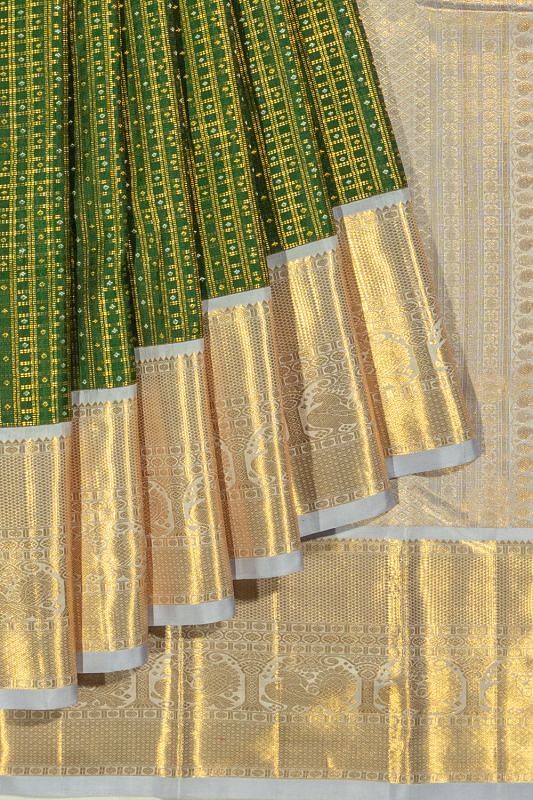 Kanchipuram Silk Checks And Butta Bottle Green Saree