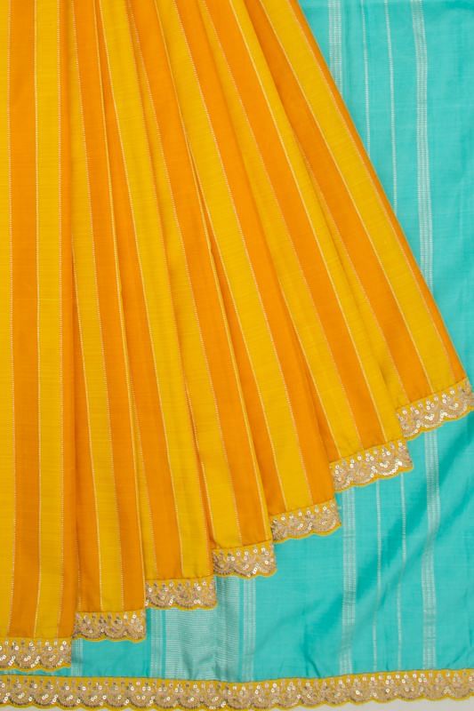 Kanchipuram Silk Vertical Lines Mustard Yellow Saree With Sequin Scallop Border