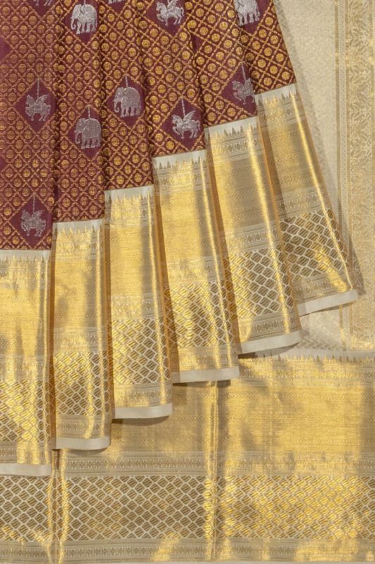 Kanchipuram Silk Checks And Butta Maroon Saree