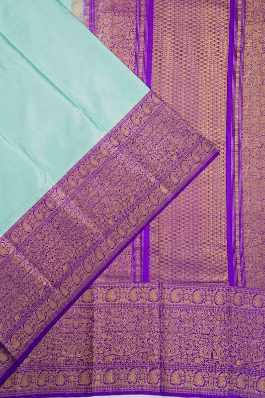 Kanchipuram Silk Twill Plain Sky Blue Saree With Ikat Blouse