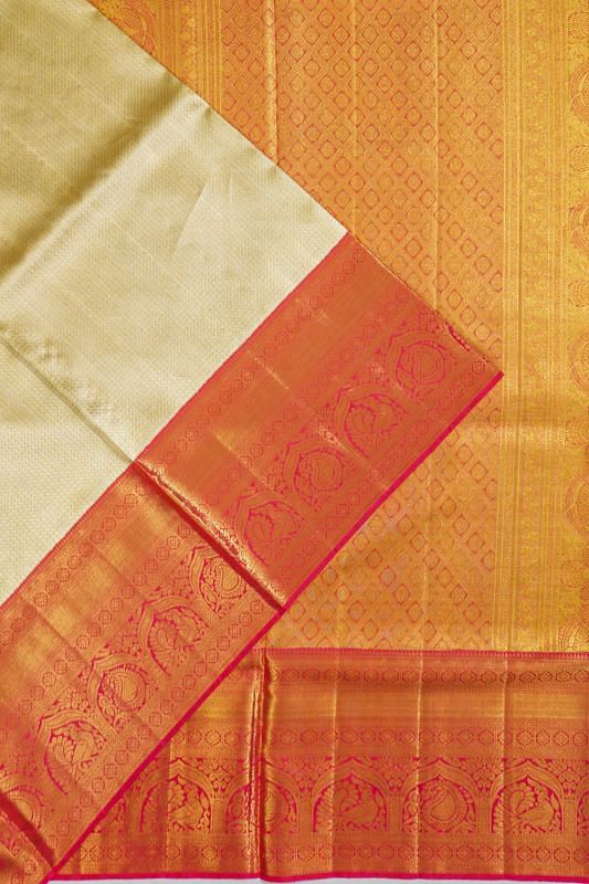 Kanchipuram Silk Tissue Zig Zag Lines Gold Saree