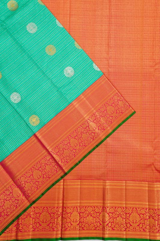 Kanchipuram Silk Checks And Butta Sea Green Saree