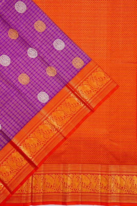 Kanchipuram Silk Checks And Butta Purple Saree