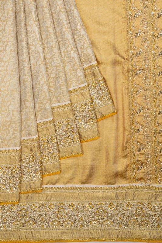 Kanchipuram Silk Tissue Brocade Gold Saree With Zardosi Work Border