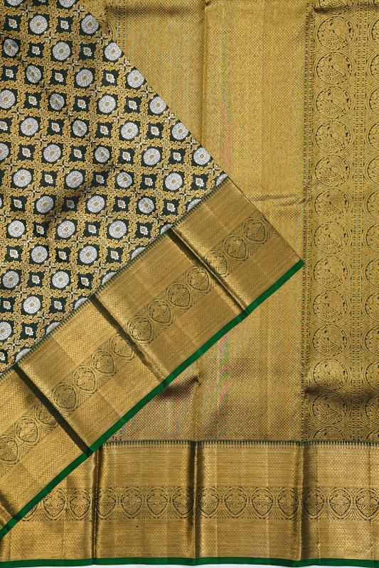 Kanchipuram Silk Criss Cross Checks And Butta Bottle Green Saree