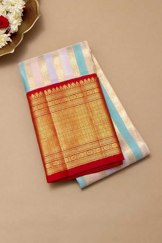 Kanchipuram Silk Vertical Lines Multicolor Saree