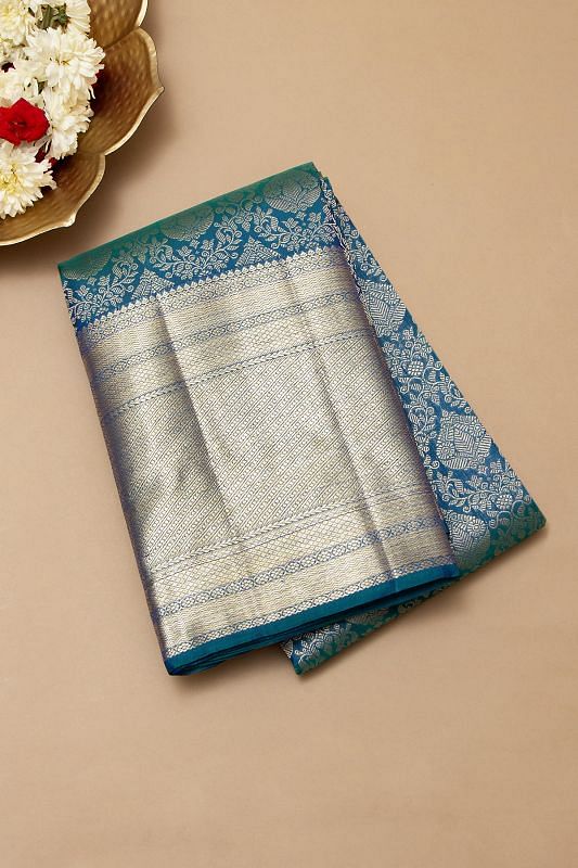 Kanchipuram Silk Brocade Teal Blue Saree