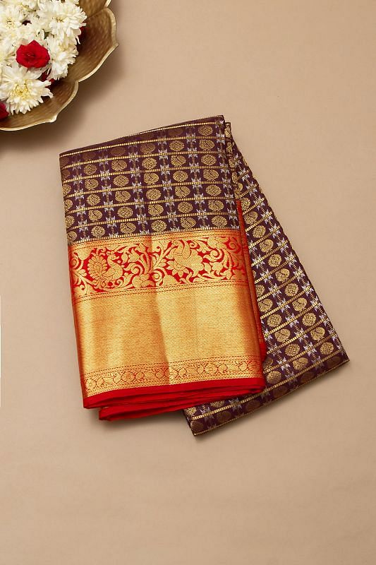 Kanchipuram Silk Checks Choco Brown Saree