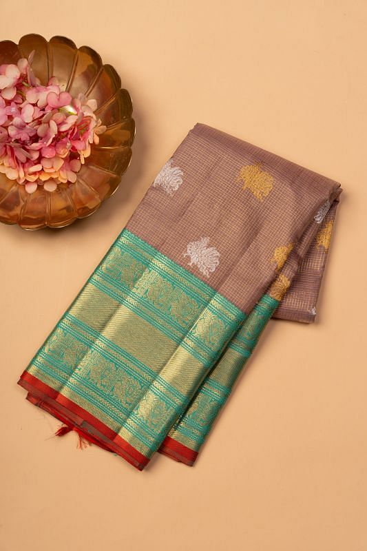 Kanchipuram Silk Checks And Butta Snuff Saree