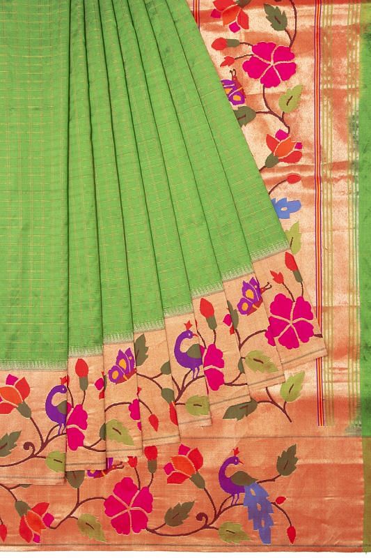 Paithani Silk Checks Parrot Green Saree